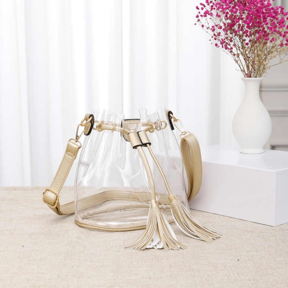 Gold Transparent Clear Bucket Crossbody Bag Purse Leather Womens Accessory - Picture 1 of 3